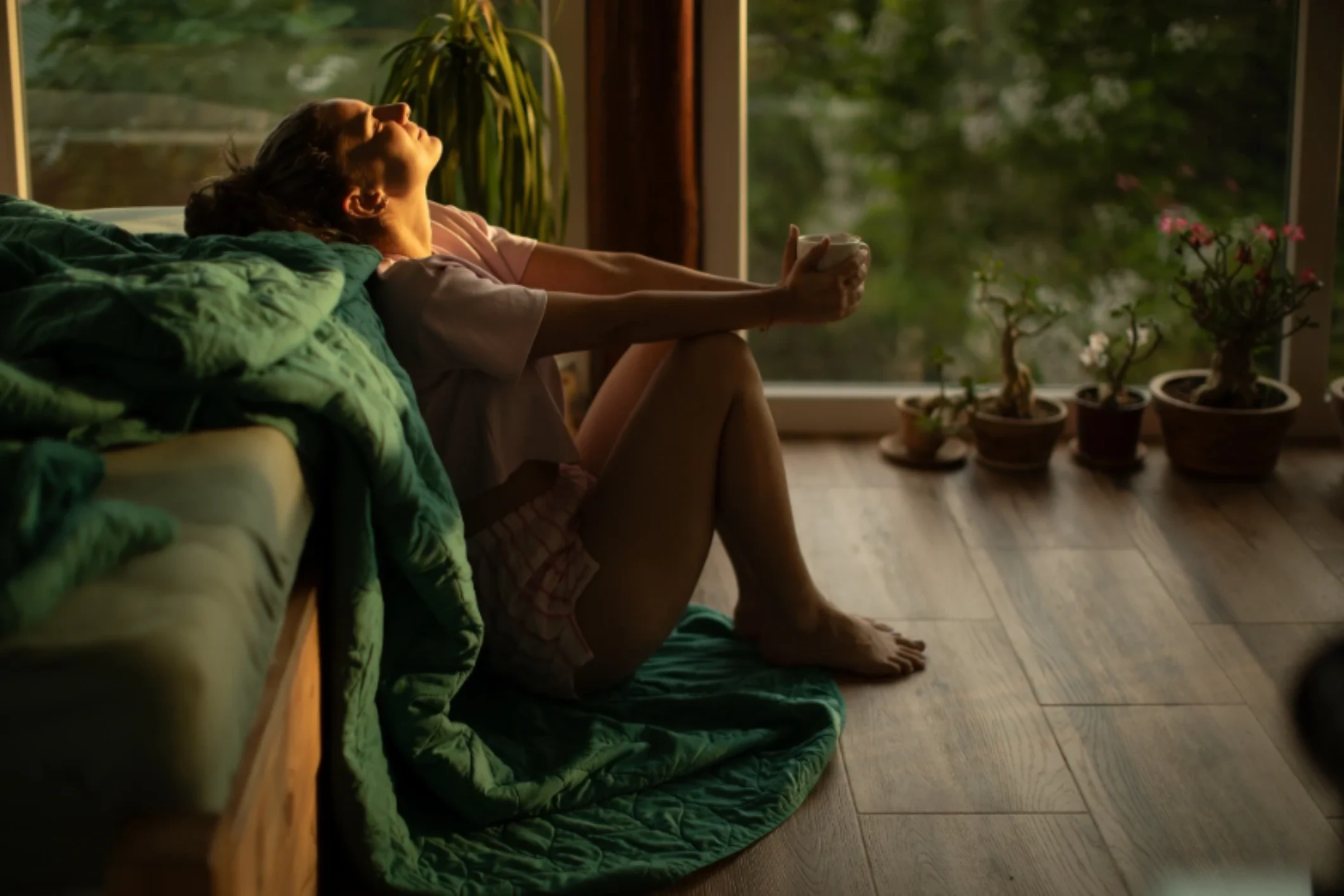 A cozy café window seat in the morning